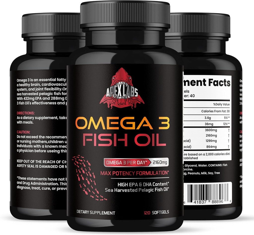 Trojna moč Omega 3 ribje olje - Burpless Fish Oil Supplement w/EPA & DHA Maščobne kisline iz eno- vir Wild Aljaska Pollock - 1200 mg, 120 ct