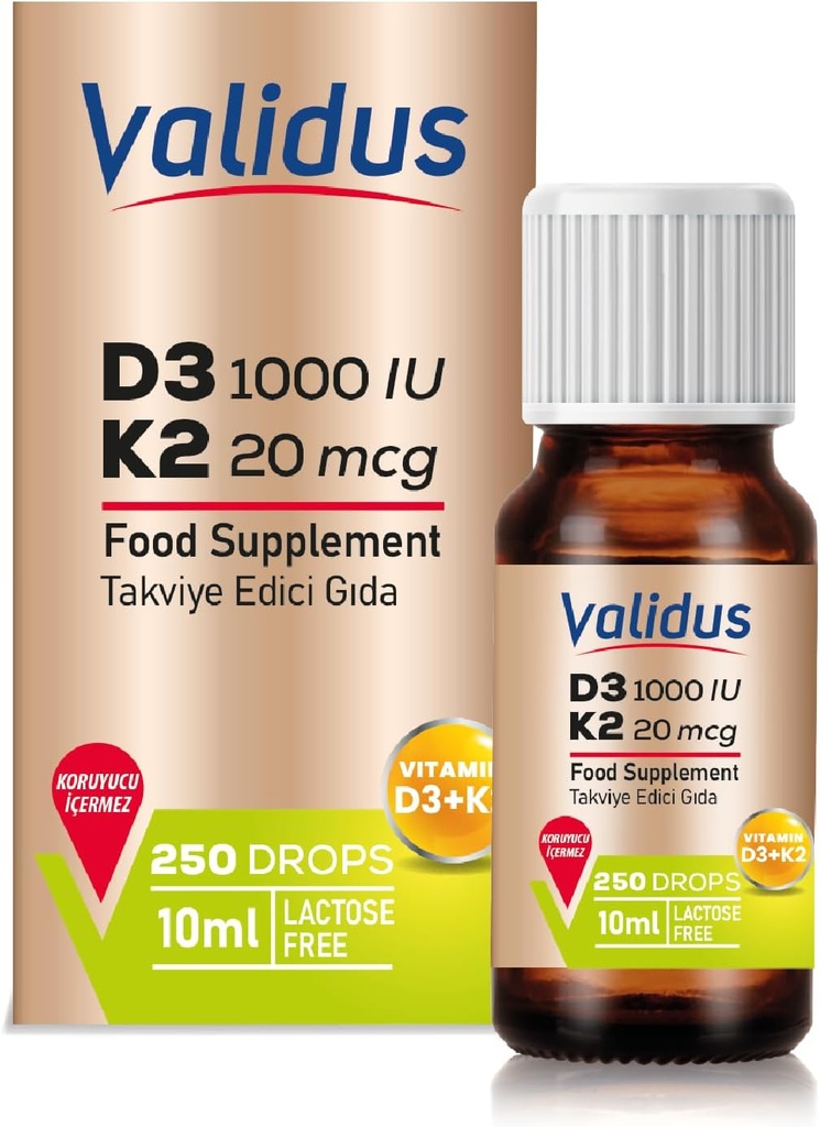 VALIDUS vitamin D3K2 kapljice – vitamin visoke jakosti D3 + K2 MK-7, 250 tekočih kapljic, okrepljena absorpcija za zdravje kosti in srca, podpira imunske funkcije, ne-GMO, gluten-free, enostaven za uporabo, 10 ml