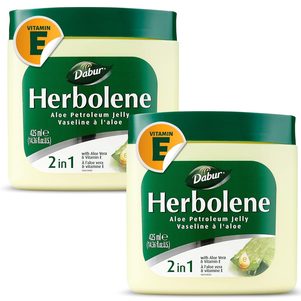Dabur Herbolene Aloe Vera Gel Naftna želeja - Okrepljen z vitaminom E za globoko in intenzivno vlažitev kože - Nežen na občutljivo kožo - Hranilna bleščava in trajno hidracijo - 425 ML (paket z 2)
