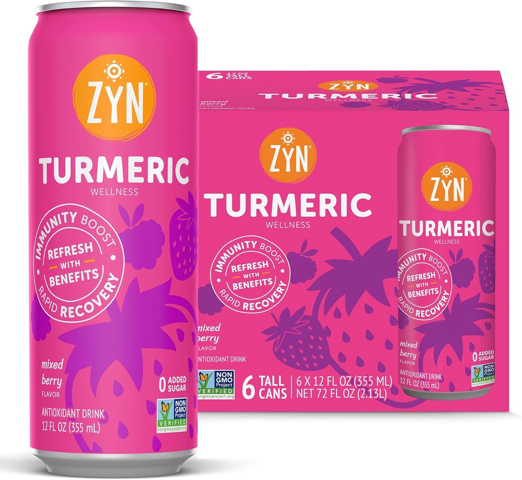 ZYN Turmeric Wellness Drink 6 (Pack), mešano jagode arome kurkumin pijačo s črnim poprom, brez dodanega sladkorja, Nizki ogljikovi hidrati in nizko kalorično pijačo, čista alternativa
