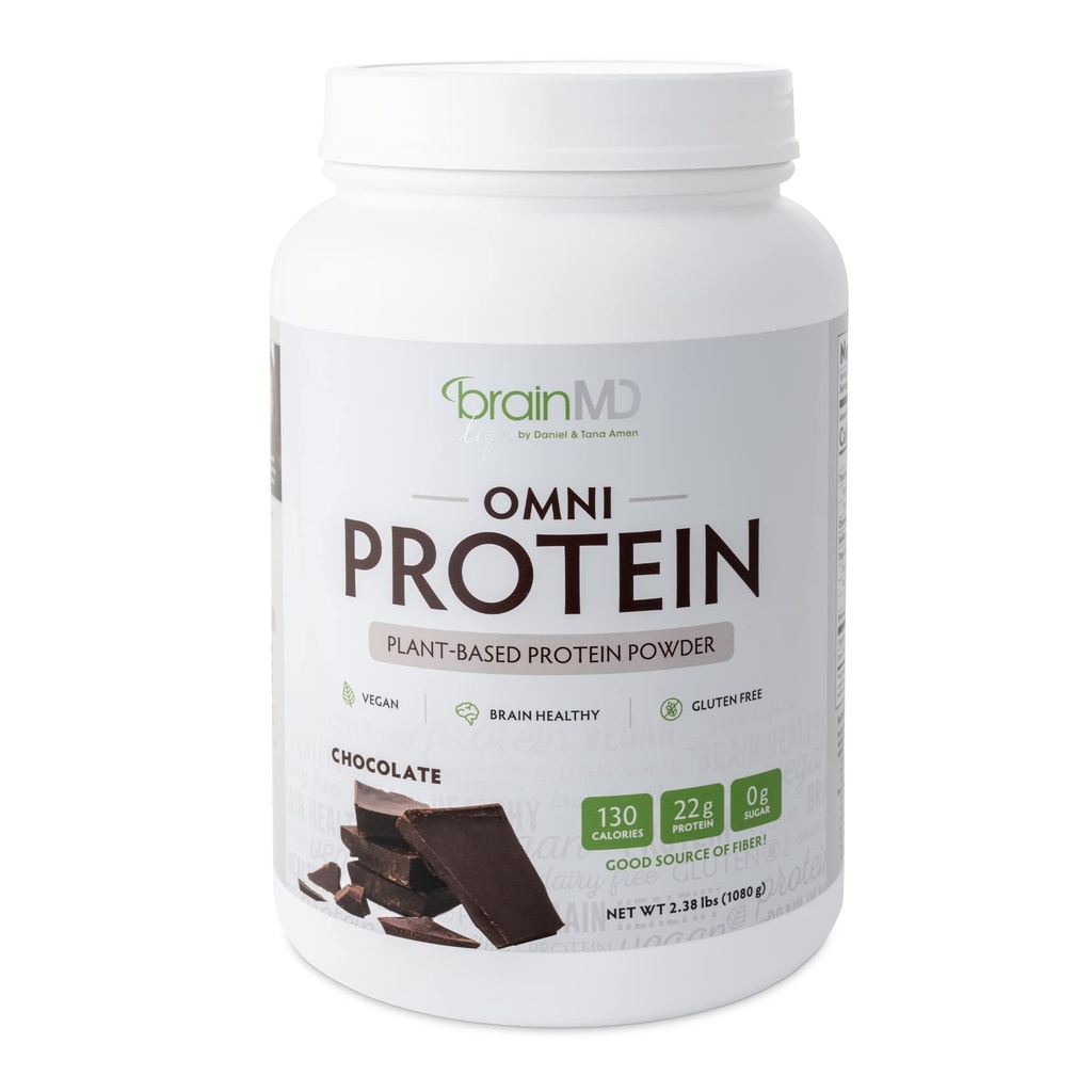 BRAINMD Dr. Amen Omni Protein Chocolate - 2,38 lbs - Na rastlinah osnovani proteini v prahu - spodbuja energijo in telesno regeneracijo - Vegan, Vegetarian, Sugar Free, Gluten Free - 30 Servinges