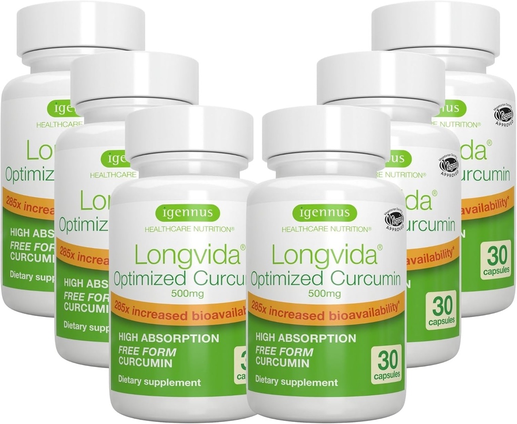 Igennus Longvida Lipidated Curcumin 500mg, Ultra Biorazpoložljivo in trajno ukrepanje, 65x višje plazemske ravni, intenzivna podpora, Free-Form Curcumin, Vegan, 180 kapsul