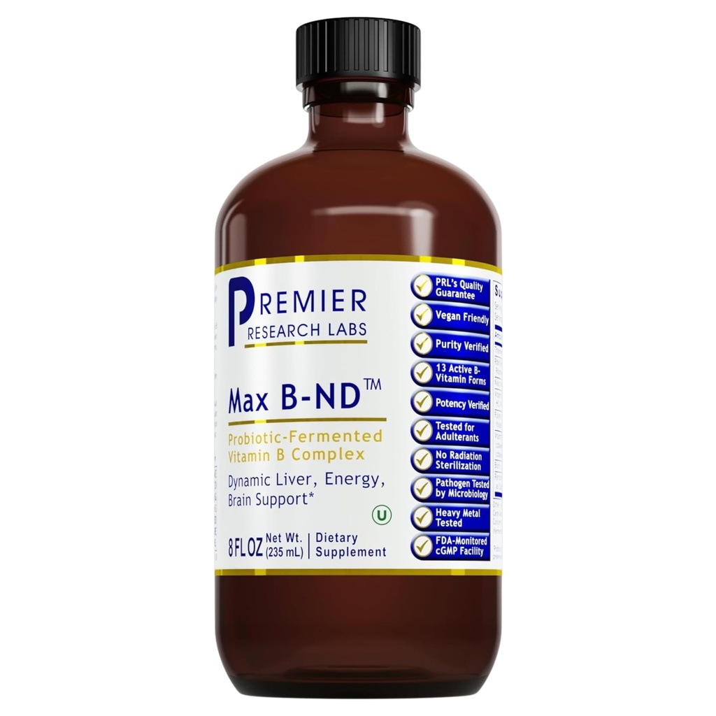 Premier raziskovalni laboratoriji Max B-ND - Tekoči vitamin B kompleks za zdravje jeter in možganov, podjezične kapljice za moške in ženske s tiamin, B12 & B6-8 Fl Oz steklenica
