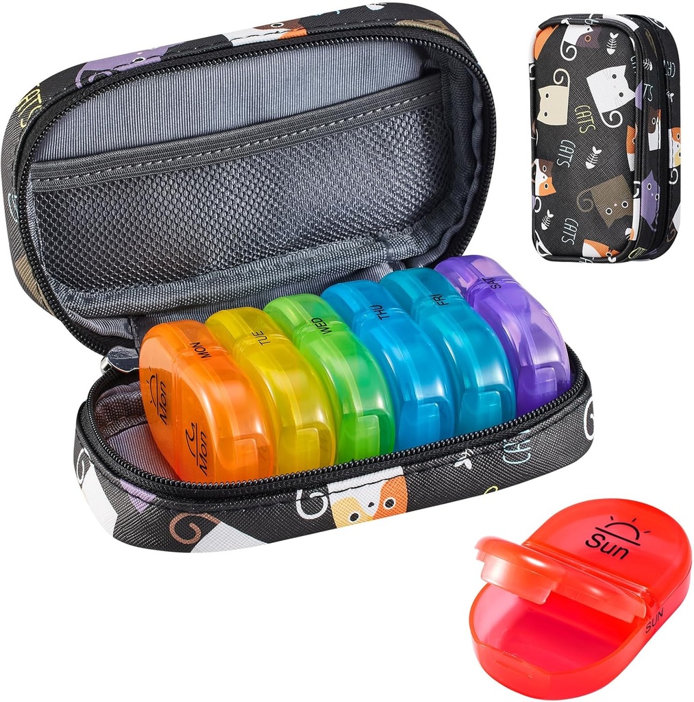 Serfeymi Tedenska potovalna tabletka Organizator 2 krat na dan AM PM Nadgrajene Mavrične tablete Box 7 dan s prenosljivim Zipper PU usnje tablete Case, Medicine Organizator za tablete, Vitamini, Ribja olja - Črna 02