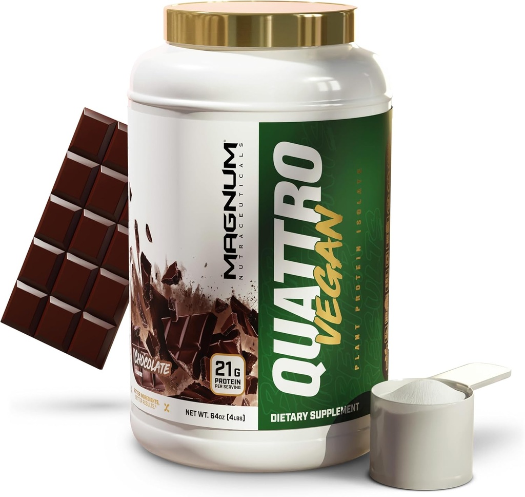 Magnum Nutraceuticals Quattro Vegan Protein Powder, čokolada 2lb – Premium rastlinski beljakovinski izolat v prahu za rast in okrevanje mišic