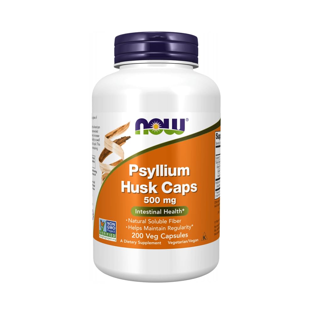 NOW Foods Supplements, Psyllium Husk Caps 500 mg, Ne-GMO projekt Preverjena, naravna topen Fiber, črevesno zdravje*, 200 Veg kapsule