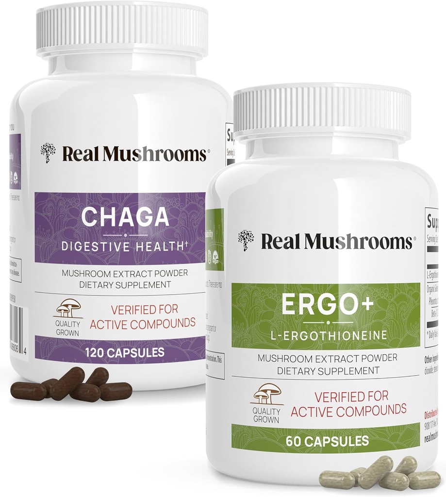 Prave gobe Ergotionein (60ct) in Chaga (120ct) Bunde z izvlečkom gob Shiitake in Oyster - Dolgoživost, Prebavno zdravje - Vegan, Gluten prost, Non-GMO - Naravna podpora za zdravo staranje