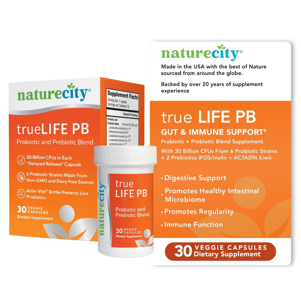 NatureCity True-Life-PB Rokavice Stable Blend Prebiotics in Probiotics za ženske in moške - Prebavne Gut Health dopolnila za ženske in moške - Dairy Free - (30 Veggie kapsule)