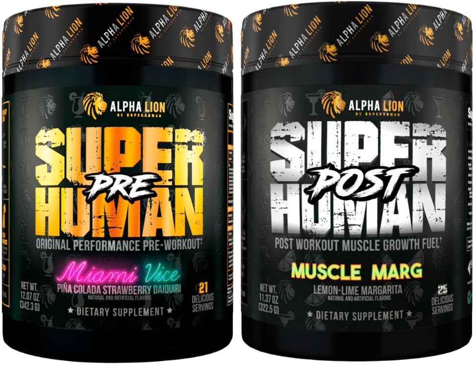 ALPHA LION Superhuman Pred-workout Powder & Post-workout recovery Bundele, Trajna energija & Fokus + Lean Mišična rast, moč in volumen (Miami Vice & Muscle Marg)