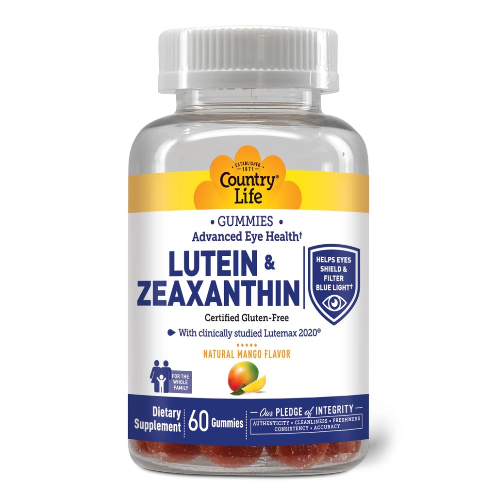 Country Life Lutein Gummies z Lutemax 2020, 60 Ct, Žvečljivi naravni očesni dodatek, Marigold Lutein, Zeaksantin, Eye Health & Macular Support, Non-GMO, Naravni sadni pektin, Vegan