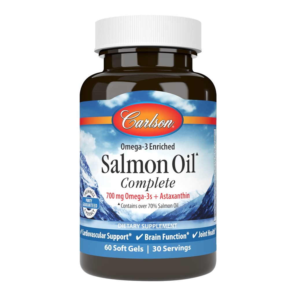 Carlson - Salmon Oil Complete, 700 mg Omega-3s + Astaksantin, Kardiovaskularna podpora, Možganske funkcije in skupno zdravje, 60 Softgels