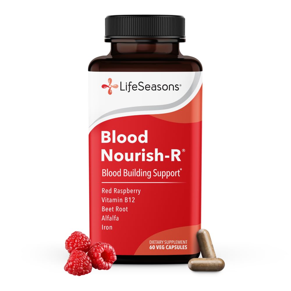 LifeSeasons Blood Nourish-R - Iron Deficientity Supplement - podpira anemijo, utrujenost, bledost in omotica - Brez zaprtje - Blood Building - železo, Alfalfa, Raspberry & Vitamin B-12-60 Kapsule