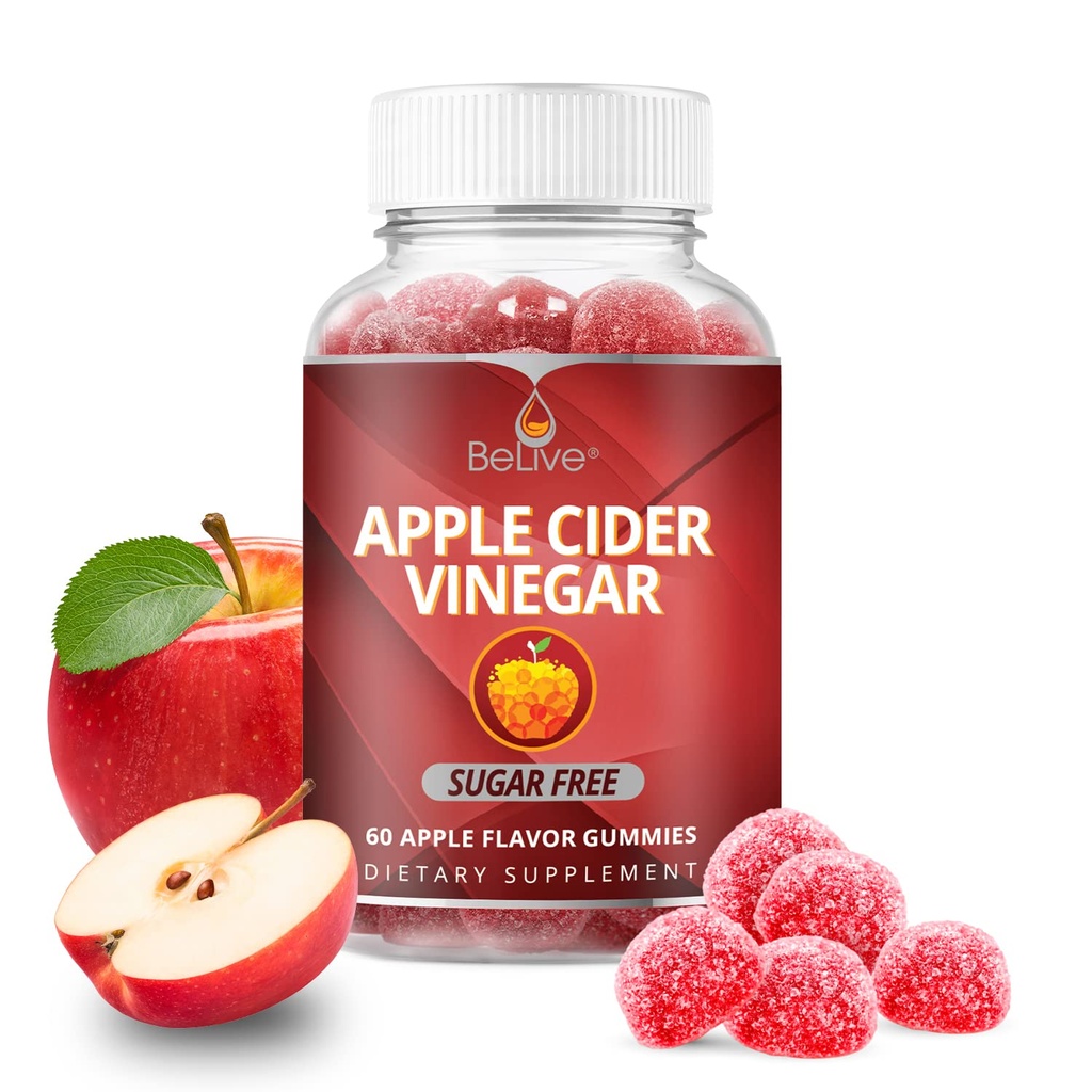 BeLive Apple Cider Vinegar Gummies - ACV Gummies brez sladkorja I Razstrupitev in čiščenje Prebavljivo zdravje I Alternativna za kapsule, Vegan, Keto prijazno, Ne-GMO, Gluten brezplačno 