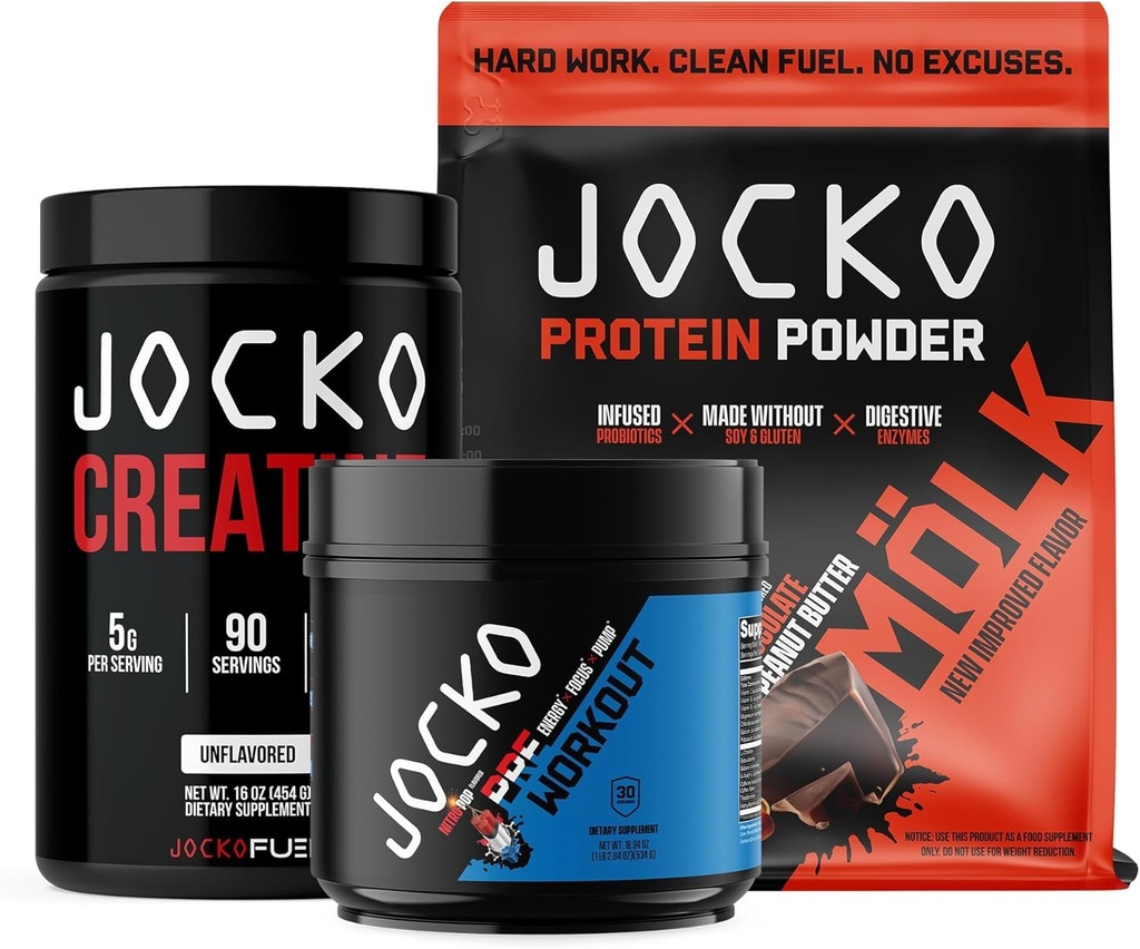 Jocko Fuel 3 paket - Kreatin, čokoladno arašidovo maslo MOLK proteini, & Nitro Pop Pre vadba