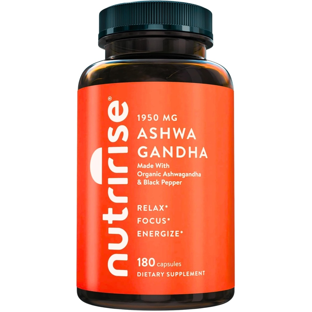 NutriRise Organic Ashwagandha Root Kapsule s črnim poprom 1950mg, Naravni stres & Mood, ščitnica & Imunska podpora Dopolnilo, Pomoč v spanju, Jasnost, Fokus & Energija, Gluten prost, 180 Število