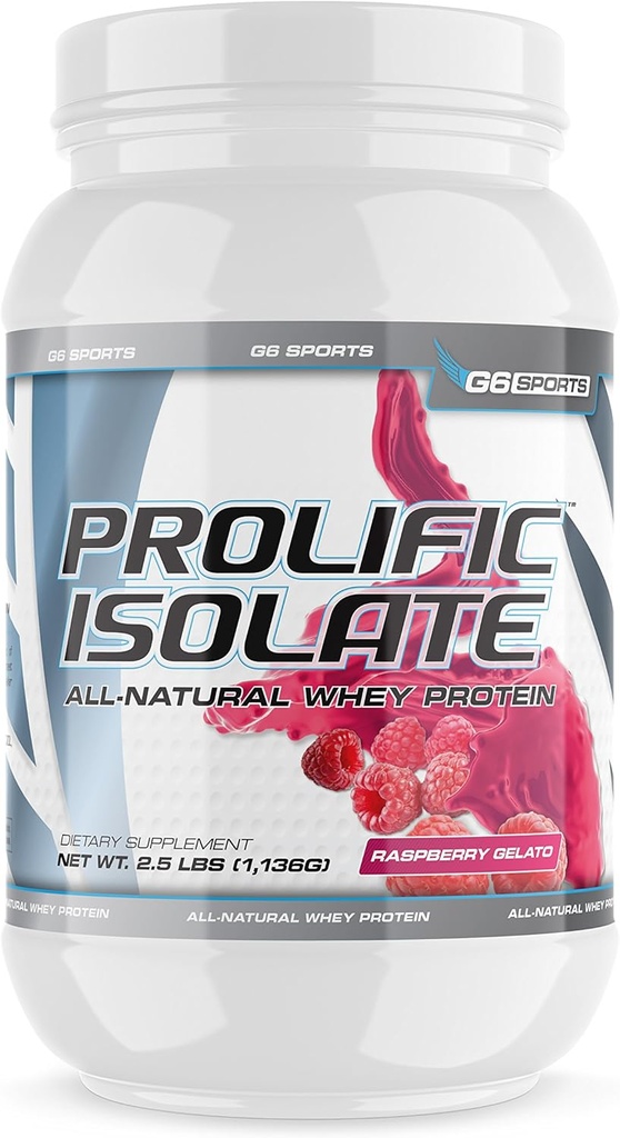 G6 Sports Nutrition Prolific Izolate All Natural Whey Protein Isolate (Gluten Free, Laktoza Free, Soy Free, Stevia sladkane, 25g beljakovine, 100 kalorij) – 2,5lb Jar – Raspberry Gelato