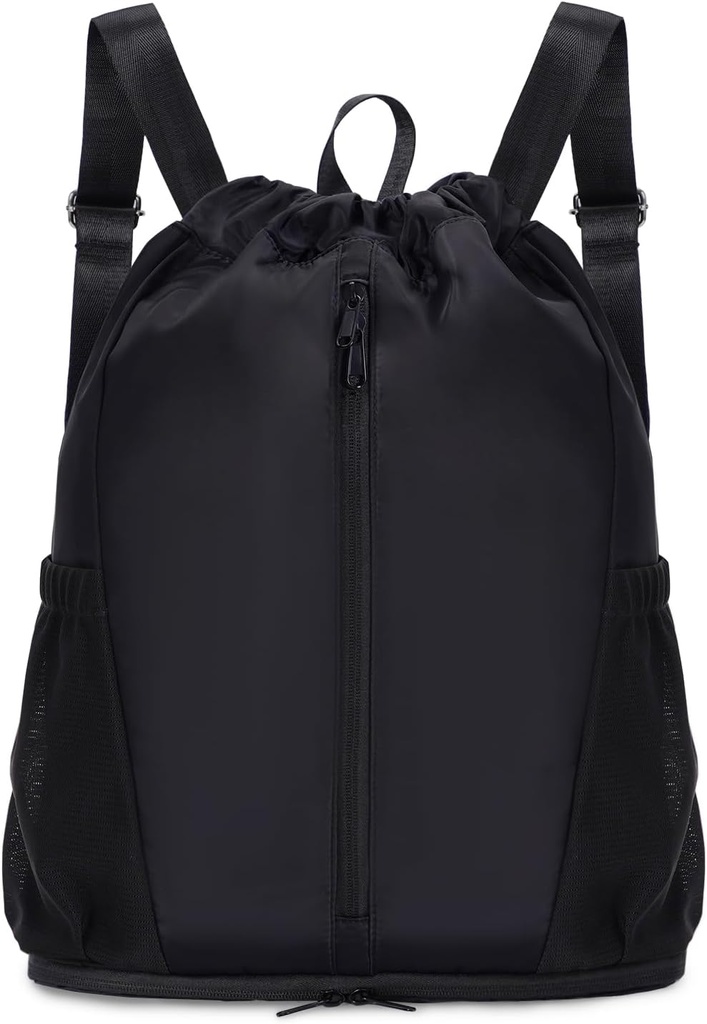 športno novo Drawstring Backpack šport Gym Bag s čevlji kompartment, String Backpack Cinch za ženske moške, vodoodporna Drawstring Bag for Workout Travel, Lahek, Črna, patenti čakajo