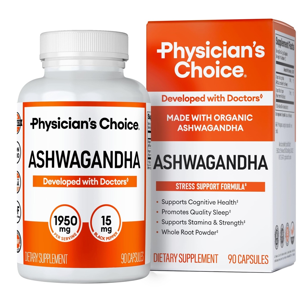 Physician's CHOICE Ashwagandha dodatek - 1950mg Bioactive Organic Ashwagandha Root Powder - izvleček črnega popra, Stress Support, Mood Support dodatek, 90 Veggie Ashwagandha kapsule