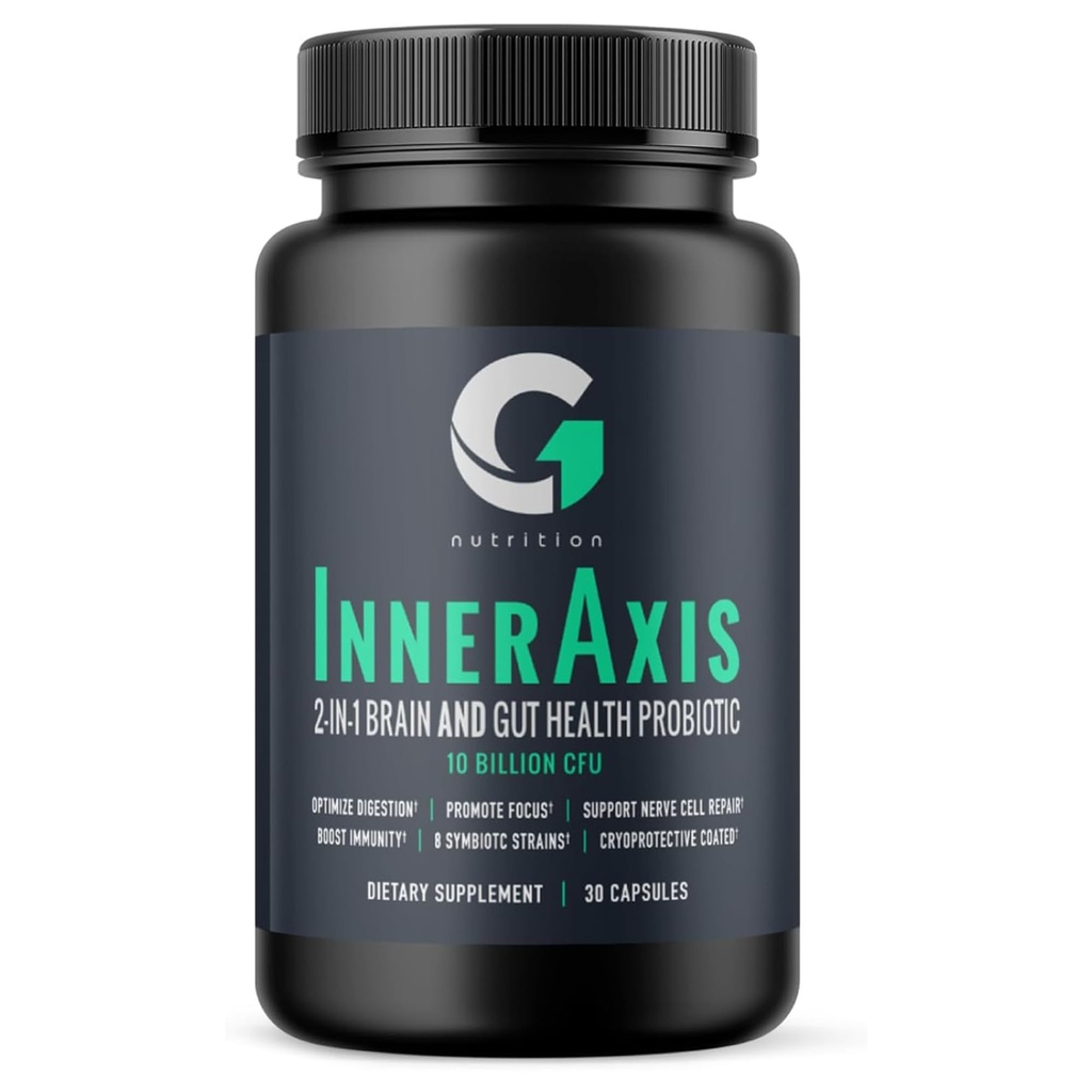 InnerAxis 2-in-1 Probiotik za zdravje možganov in črevesja, 10 milijard CFU, 8 simbiotskih sevov za gut, psihobiotik, Mood in Brain Support, Acidophilus Probiotic za ženske in moške, 30 Služabnikov
