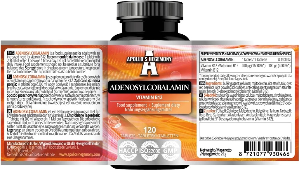 APOLLOVA HEGEMONIJA Adenozilkobalamin 120 tablete - Optimalen biorazpoložljiv vitamin B12 za okrepljeno energetsko presnovo - 480 postrežbe - prehranska dopolnila