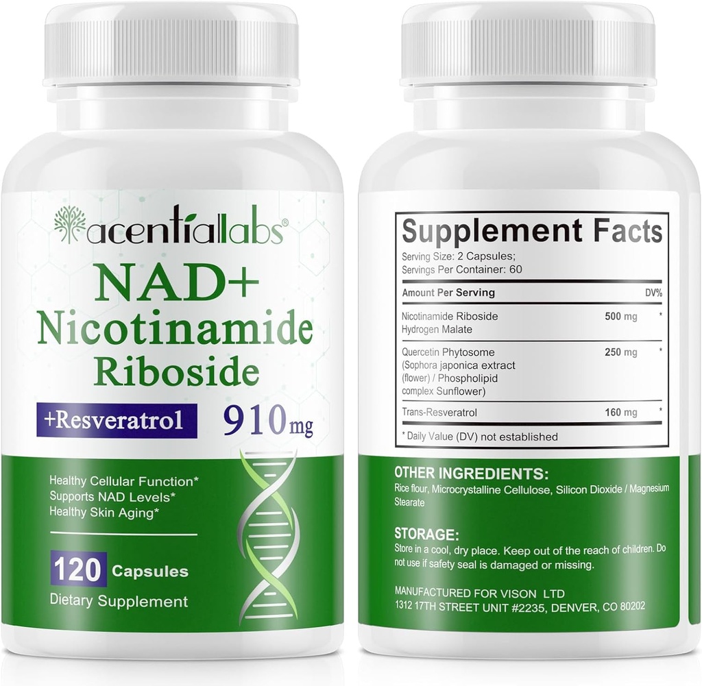 120 Count NAD Plus dodatek, liposomski nikotinamid ribozidne kapsule 900MG z Resveratrol & Quercetin, visoka čistost nikotinamid za anti-Aging, celična Gegeneracija/Energetika/imunski booster