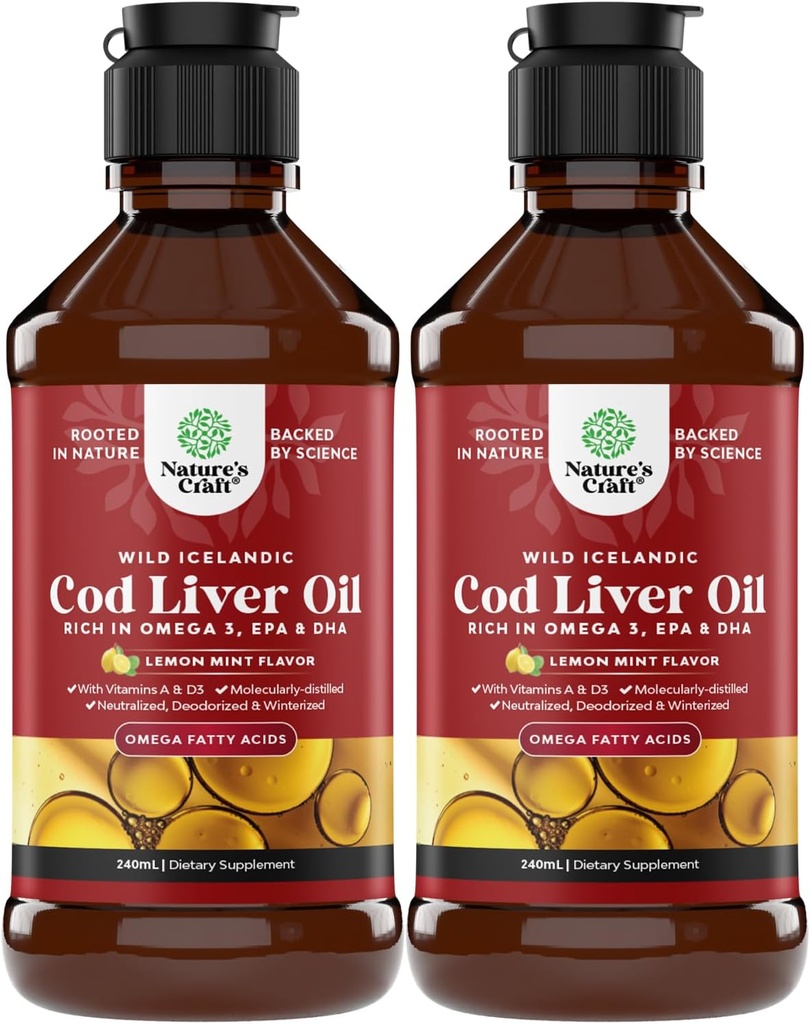 Islandsko olje za divje trske Liquid - Ribje olje kapljice z Omega 3, EPA, DHA, Vitamin D & A - Liquid Cod Jetrni dodatek za srce, Joint, Brain & Imune Podpora - 240 ml (8 Ounce) 2 Pack