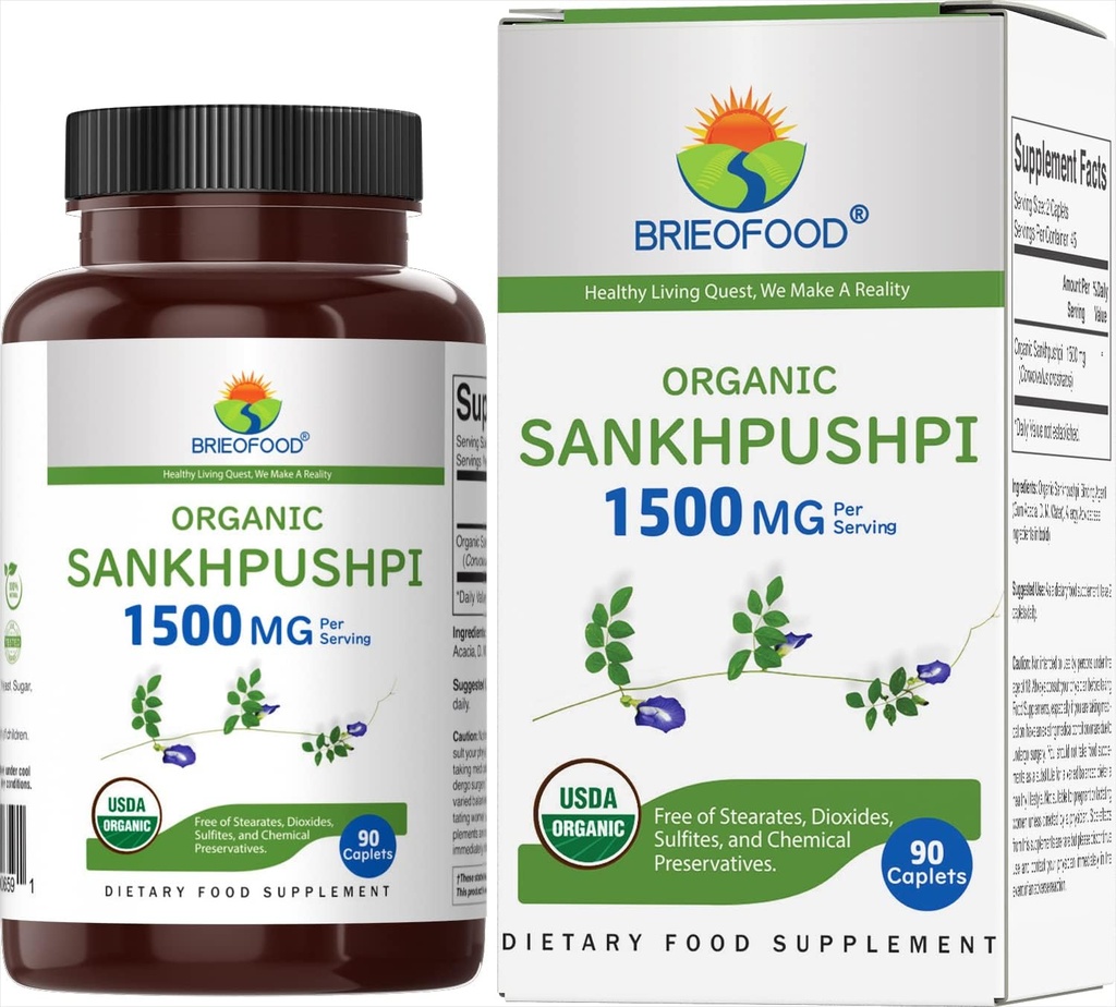 Brieofood Organic Sankhpushpi 1500mg, 45 Služabniki, vegetarijanci, Gluten brezplačno, 90 vegetarijanske tablete