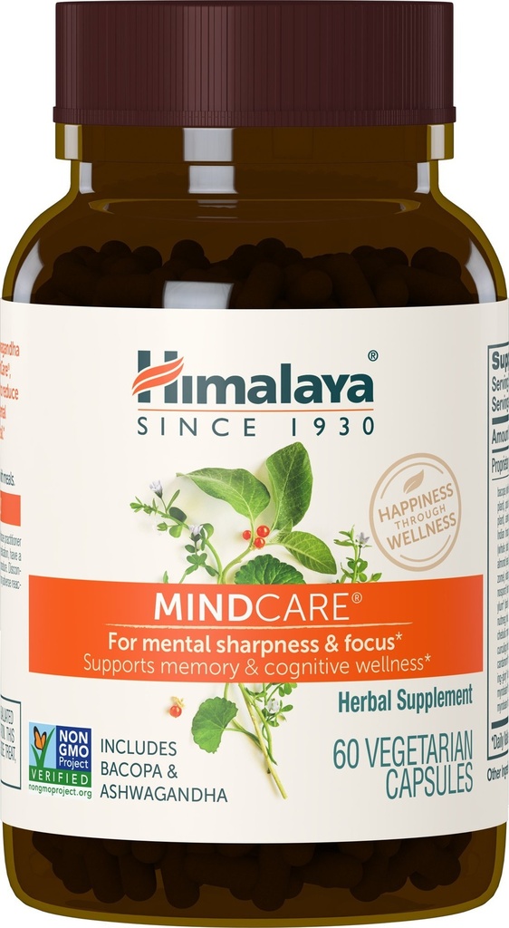 Himalaja MindCare - nootropični zeliščni možganski dodatki za spomin in fokusno podporo - veganska, ne-GMO, brez glutena, 1170 mg, 60 kapsul
