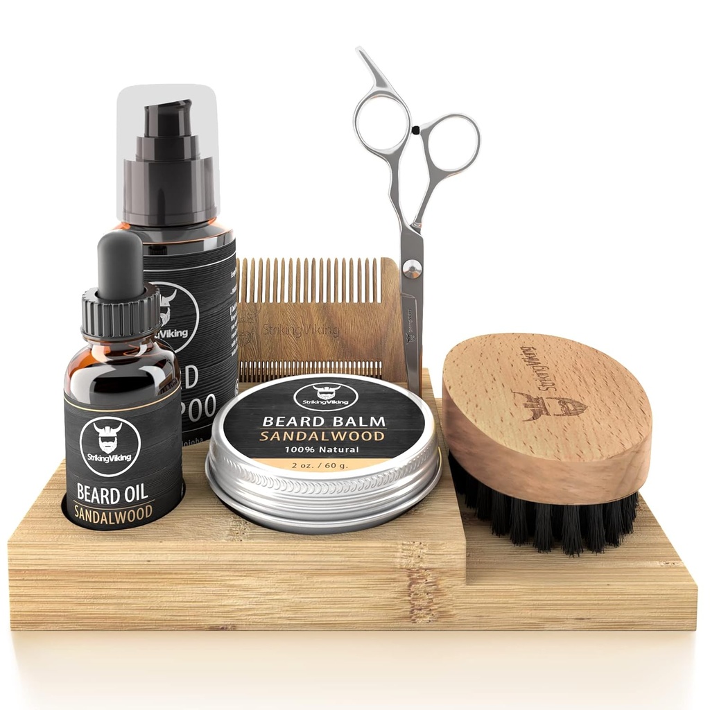 Komplet za rast vikinških brad - 7-piece, sandalwood scent & caddy - olje in balzam z brazdastim čopičem, dvojno sidranim Comb & škarje plus Mustache Comb za Grooming & Styling