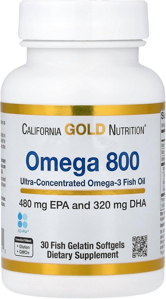 California Gold Nutrition Omega 800 Ultra-koncentrirano Omega-3 ribje olje, kd-pur® Triglicerid Form, 30 Ribji želatina Softgels (1.000 mg na softgel)