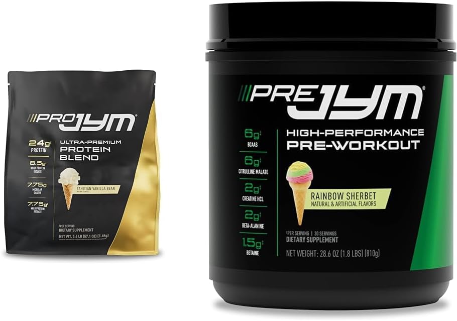 PRO JYM 45 Servings - Tahitian Vanilla Bean & Pre Jym Rainbow Sherbet, 30 Servings, Rainbow Sherbet, 1,8 funt (Pack of 1)