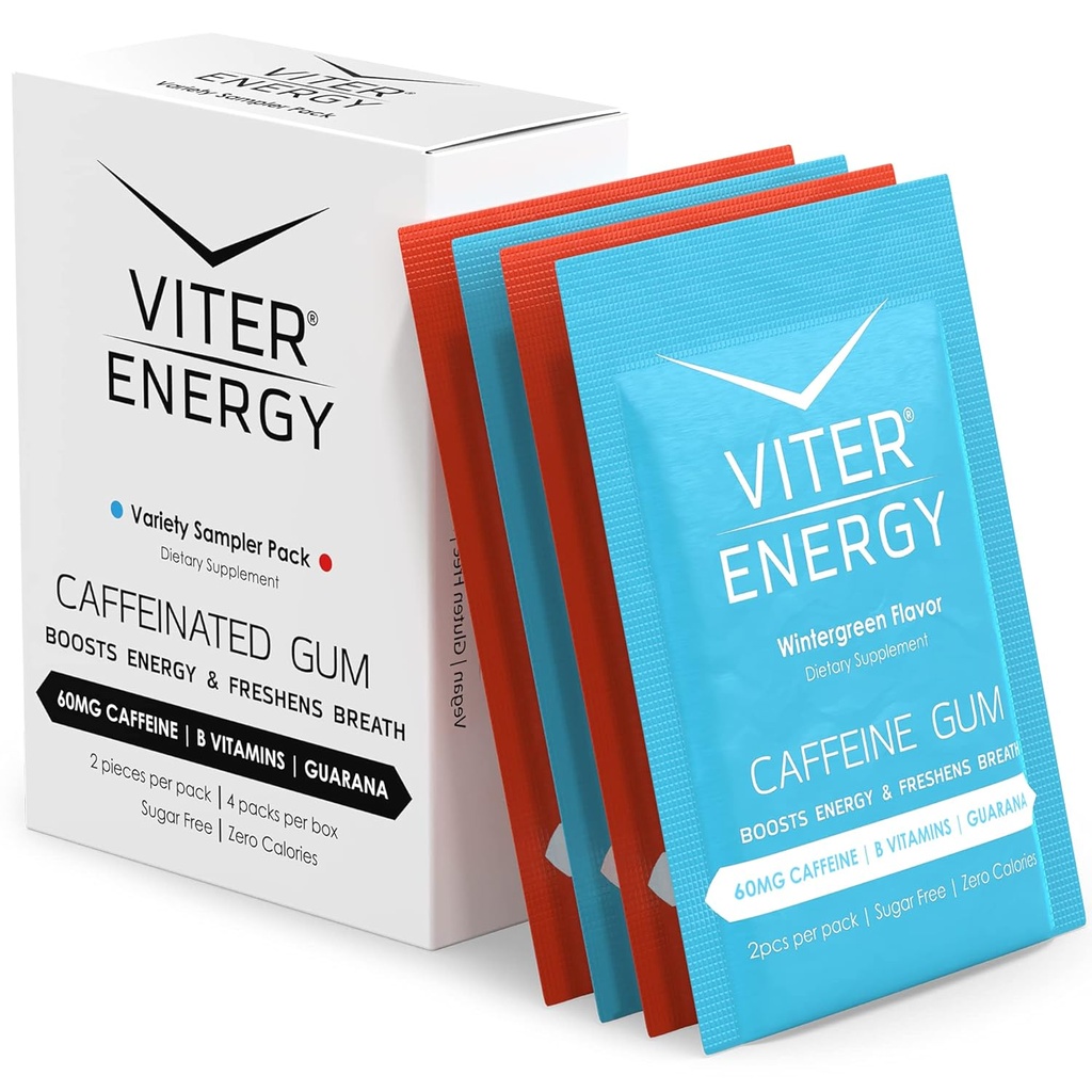 Viter Energy Kofeinirani gumi 60mg kofein, B vitamini, Guarana, brez sladkorja. (Variety, 2pcs, 4 Pack)