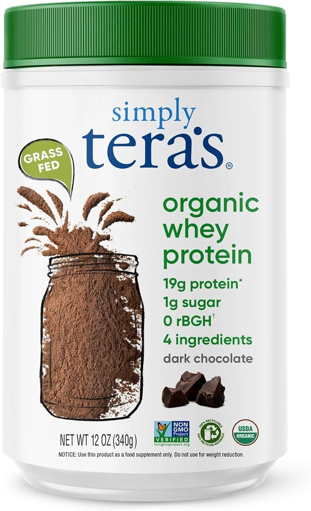 preprosto tera organski sirotkini proteini v prahu - Grass Fed Whey proteini v prahu brez umetnih sladil, čisti, ne-GMO, Gluten-free - temna čokolada, 12 Oz.