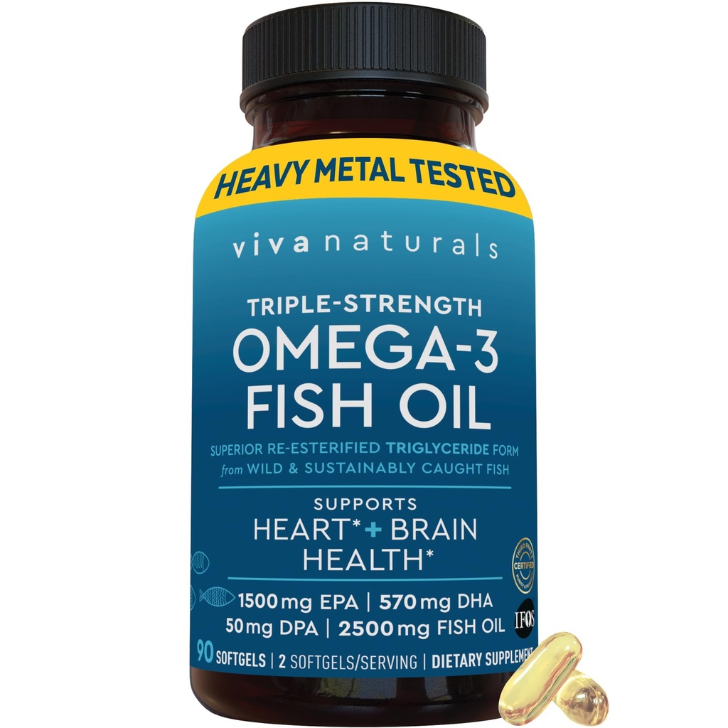 Viva Natural Triple Jakost Omega 3 Ribje olje Tablete – 2500 mg High-Potency Formula z 2250 mg Omega 3 Maščobne kisline (vključno EPA, DHA, DPA) v rTG obliki za absorpcijo – IFOS Certified, 90 Softgels