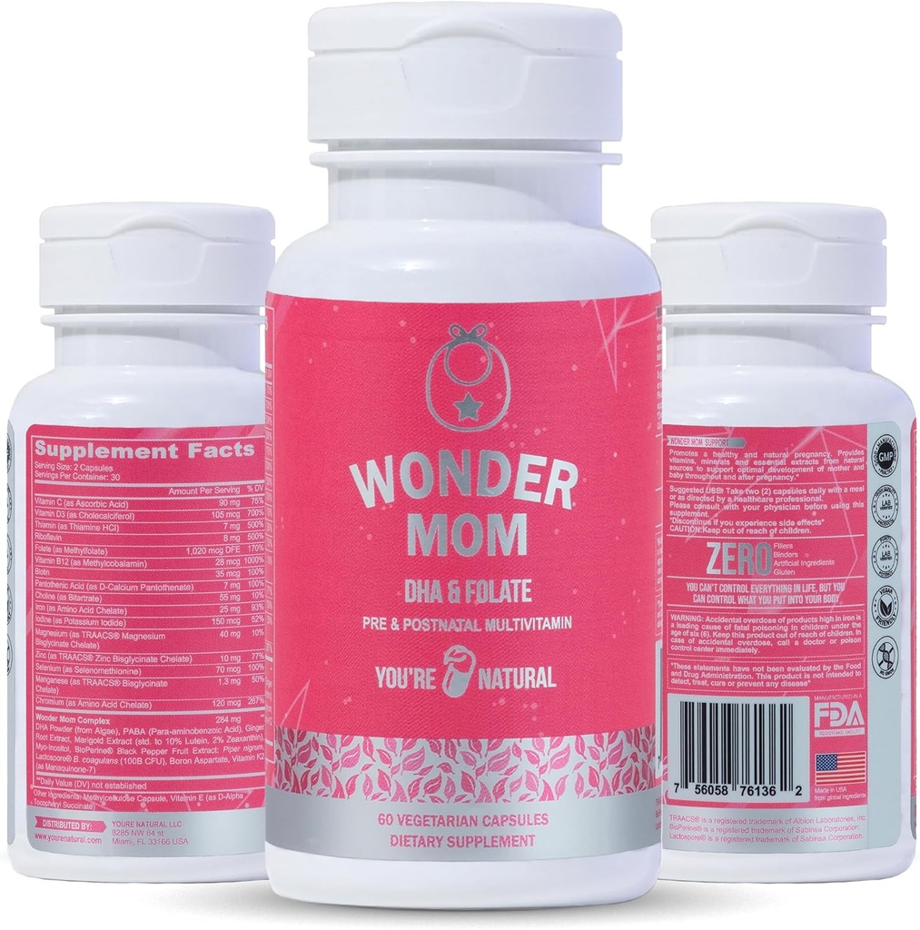 Premium Prenatal & Postnatal Vitamini: Folat, DHA, Holin, železo, B12, Multivitaminski & probiotiki, Podpira razvoj možganov ploda, Nosečnost in poporodni zdravje, Vegan, Ne-GMO, Gluten-free, 30 dni