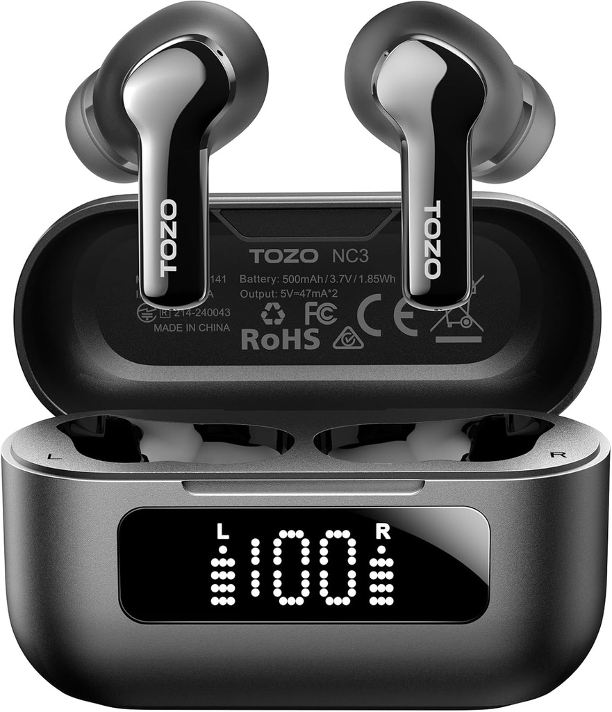 TOZO NC3 Hibridni aktivni hrup Prekliči Wireless slušalke s 6 mikrofoni AI Clear Call Uhani Budi 55H Predvajanje z LED zaslonom 32 Prednastavljeni EQ preko APP Bluetooth 5.3 IPX8 Vodoodporne v ušesnih slušalkah