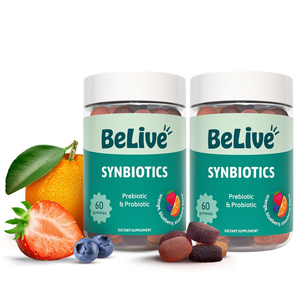 BeLive Symbiotics - Probiotic & Prebiotic Fiber Gumies – Inulin visoke moči (3g), Dietary Fiber dodatek, Prebavna podpora za otroke in odrasle - Jagoda, Lemon, Borovnice Okus 2