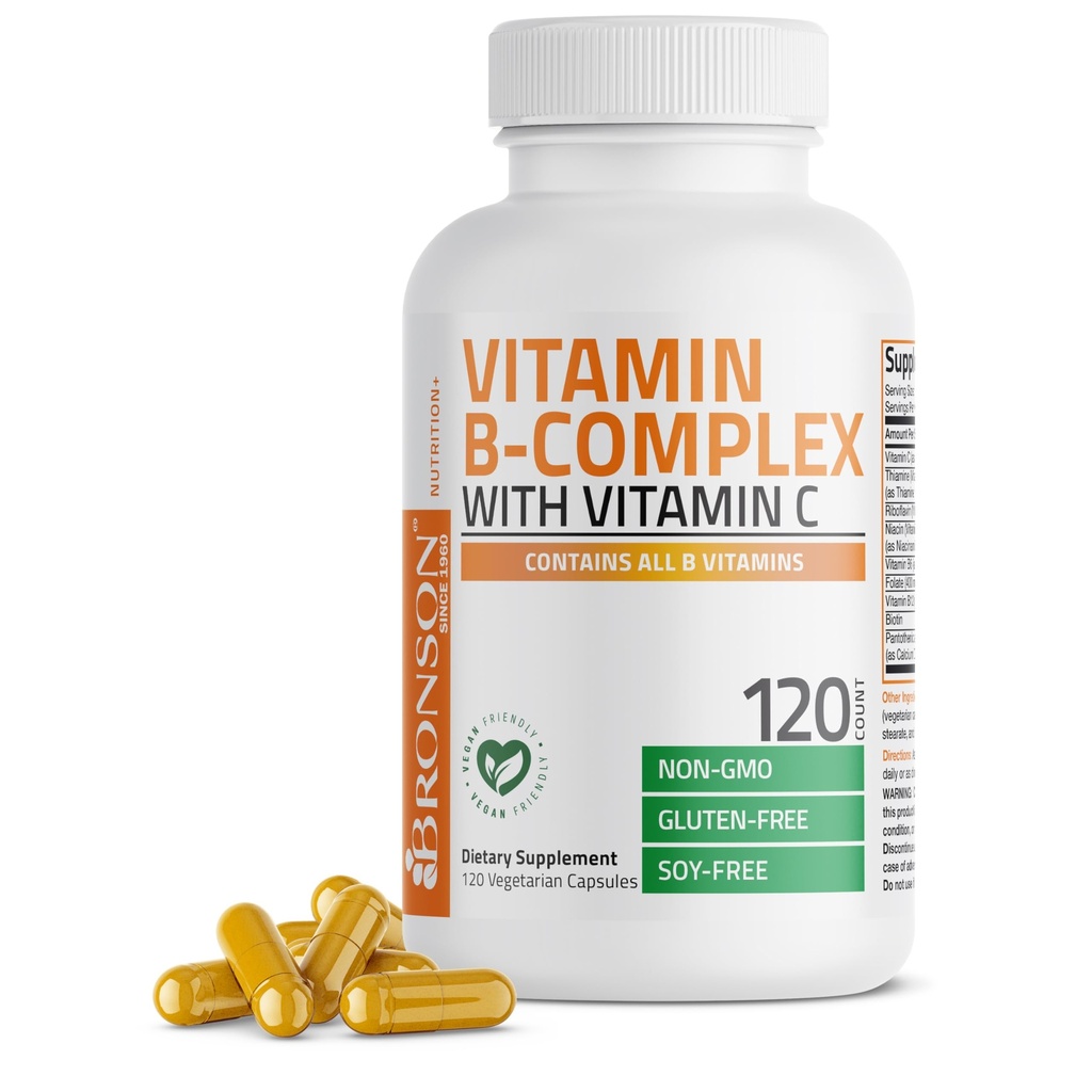 Bronson Vitamin B Complex z vitaminom C - Imunsko zdravje, energijska podpora in podpora za živčevje - Ne-GMO, 120 Vegetarijanske kapsule