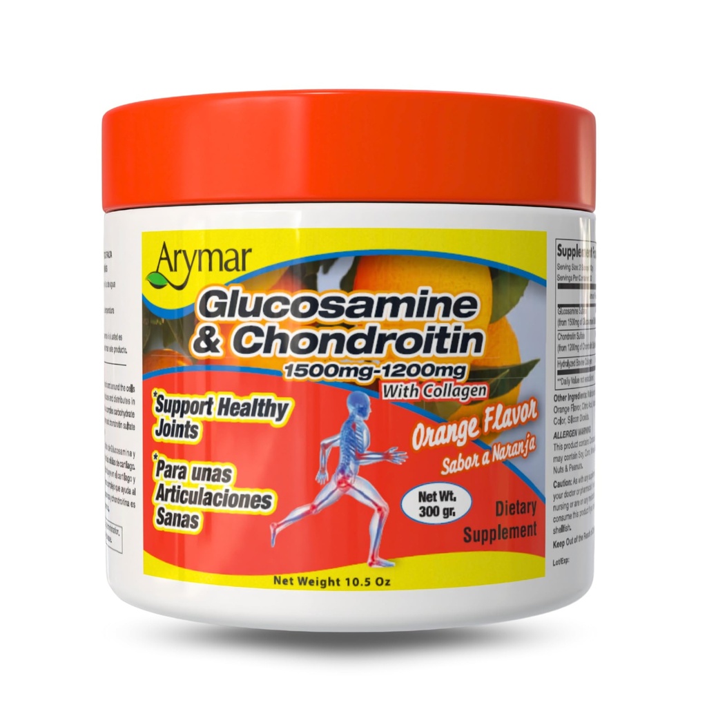 Arymar Glukozamin 1500 mg + Chondroitin 1200 mg z zdravilom Colagen – oranžno obarvani skupni zdravstveni prašek, 300 g