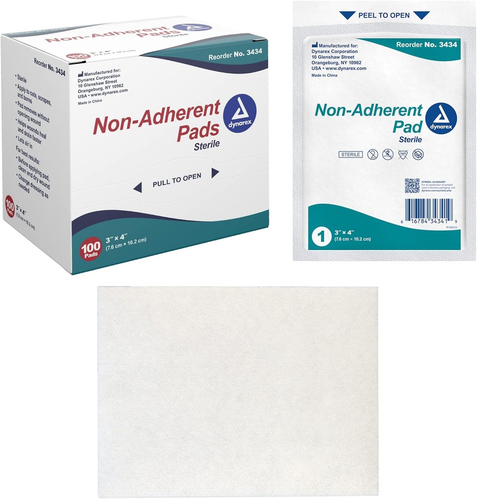 Dynarex ne-adherent Pads-Sterilno, individualno pakirano, ne-stick rane in opeklina nego, mehko in zelo Absorbent, 3” x 4”, 1 Škatla 100 ne-adherent Pads-Steril