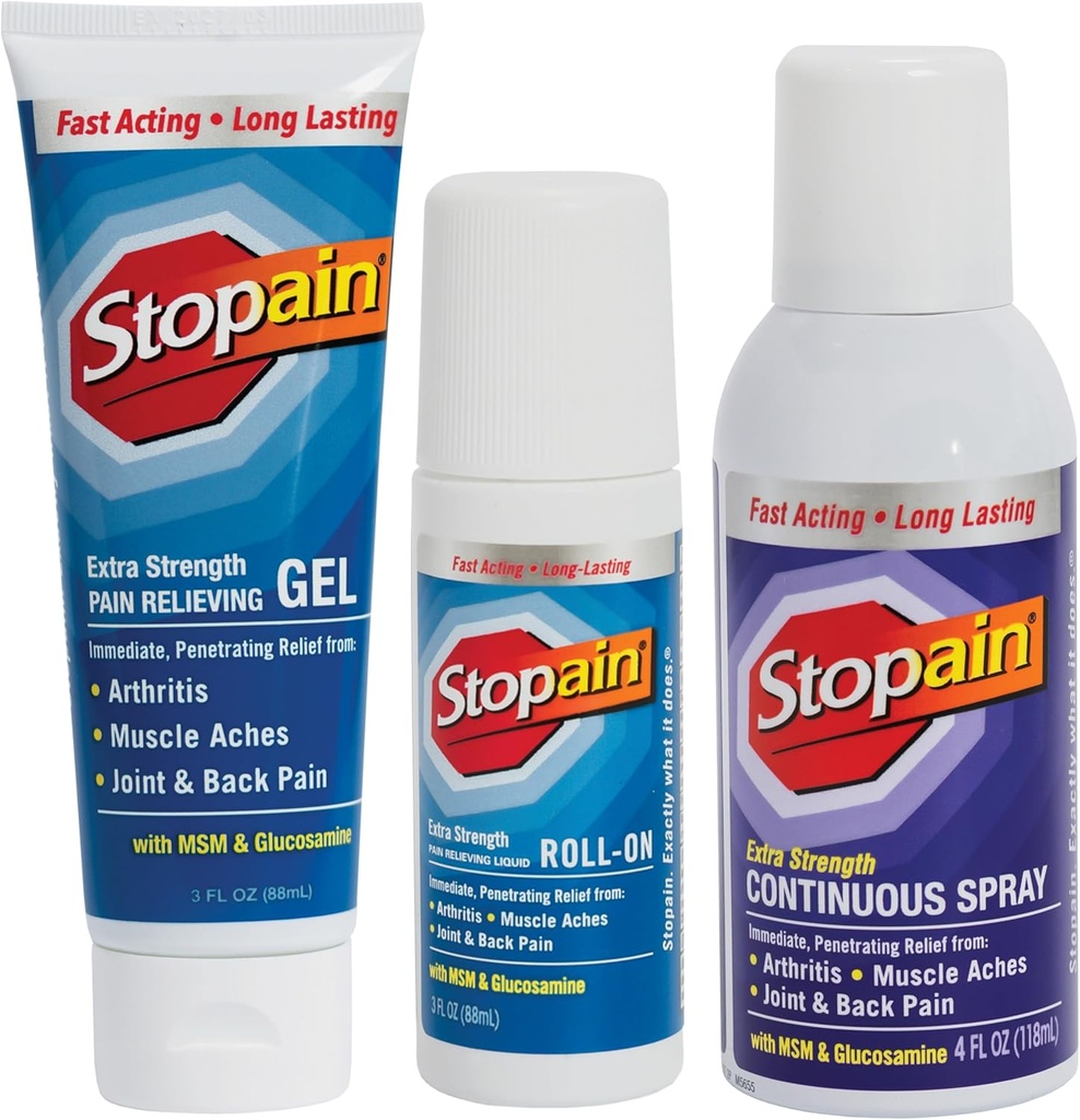 Stopain Pain Relief Combo Komplet (Gel, Roll On, Spray) ZDA Made, Max Strength Hiter igra z MSM, Glukozamin, Mentol za spodnji del hrbta, koleno, vrat HSA FSA Topic Analgesic izdelki