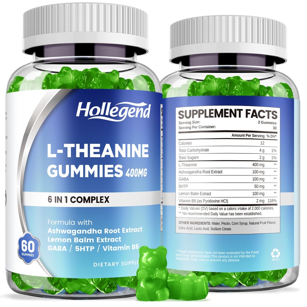 L-Theanine Gummies, l'theanine 400mg z Ashwagandha, GABA, 5HTP, L-Theanine žvečljivi dodatek za sprostitev, Zzz & Focus Podpora, Vegan, Lemon Flavor, 120 grofov