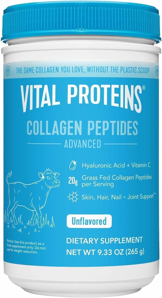 Vitalne beljakovine Grass Fed Kolagen v prahu dodatek Hidrolizirani peptidi s hialuronsko kislino in vitaminom C - ne-GMO, Mlekarna & Gluten brez arome, 9,33oz