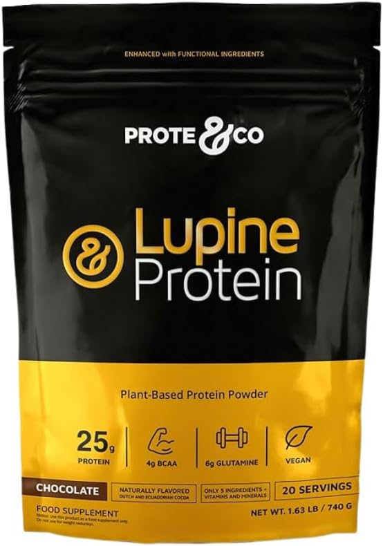 Protein Protein & Co Lupin - 24g veganskega rastlinskega proteinskega praška. Brez GSO, brez dodanega sladkorja, brez laktoze, brez glutena, brez soje.