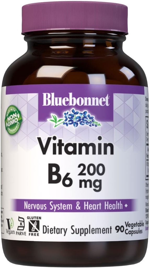Bluebonnet Nutrition Vitamin B6 Zelenjavne kapsule, 200 mg, Za kardiovaskularno in živčno zdravje, Brez soje, Brez glutena, Košir, Dairy Free, Vegan, Ne-GMO, 90 Zelenjavne kapsule, 90 Serving