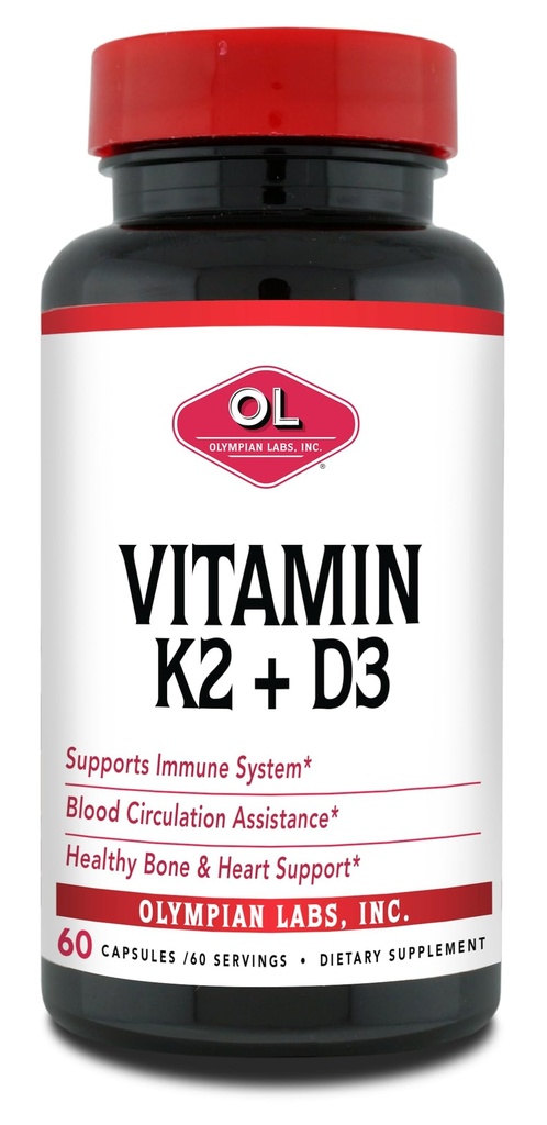 Olympian Labs Vitamin K2 + D3, 60 Služi, podpira imunski sistem, podporo kosti in srca, 60 Veganske kapsule