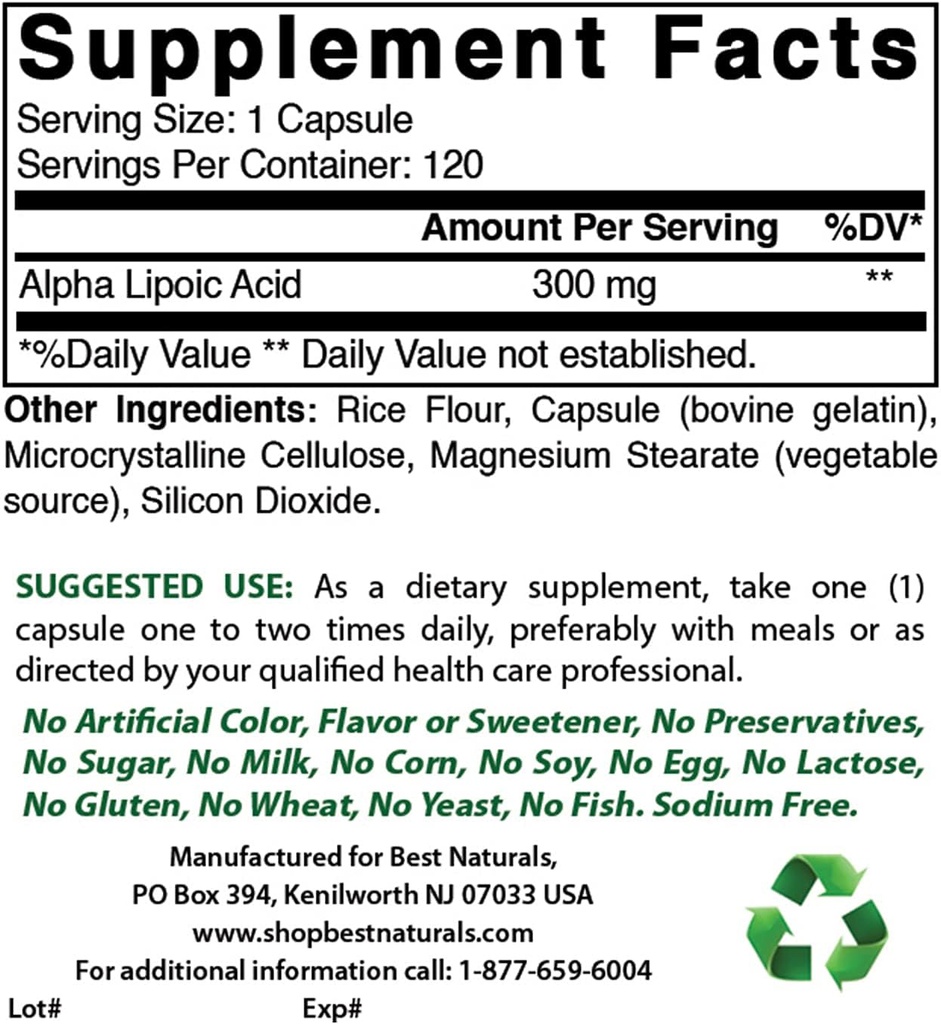 Najboljši naravni alfa lipojska kislina 300 mg & magnezijev glicinat 425 mg