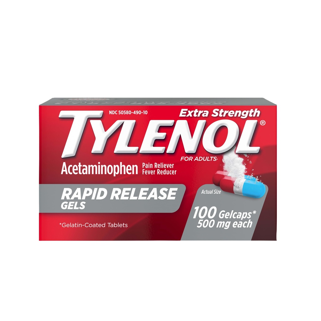 Tylenol Extra Strength Acetaminophen hitro sproščanje Geli, Pain Reliever & Fever Reducer, Gelcaps z lasersko drilled luknje za hitro sproščanje, Nežen na želodec, 500 mg na Gelcap, 100 Count OTC medicine