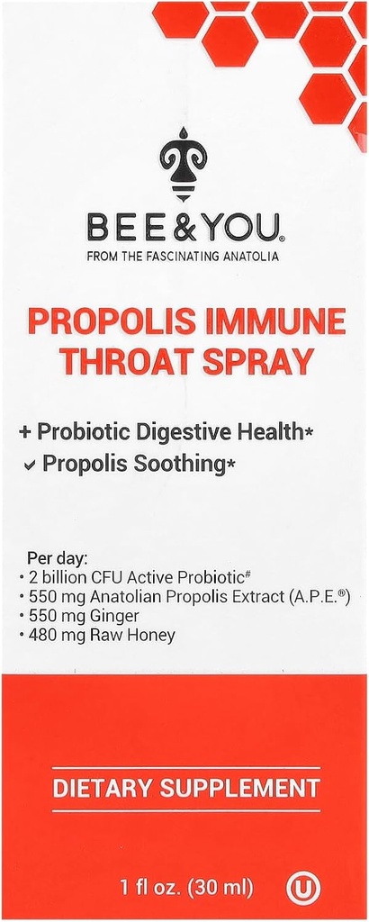 Čebela in vi Propolis in probiotično grlo Spray z ingver, Imunska podpora, Prebavno zdravje, Antioksidanti, Keto, Paleo, Gluten-free, 1 Fl oz