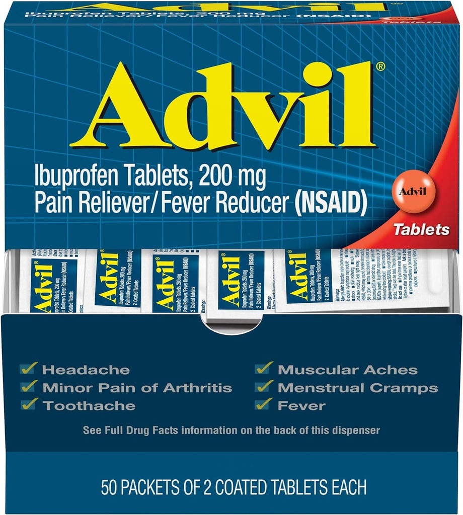 Advil Ibuprofen tablete, 200 mg bolečina Reliever/sredstvo za redukcijo tekočine (NSAID), 100 tablet (50 pakiranj po 2 tableti posamezno)